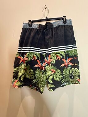 Ron Jon Blue Swim Trunks with Tropical Print